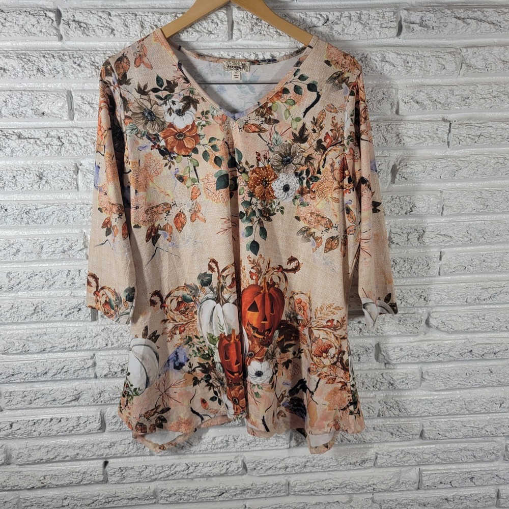 OneWorld Women 1X Fall Halloween Pumpkin Floral VNeck Top Embellished 3/4 Sleeve